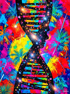 DNA helix silhouette filled with galaxy clusters and cosmic dust, double exposur