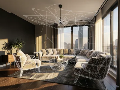 Interior photo with furniture shown as transparent wireframe blueprint overlay