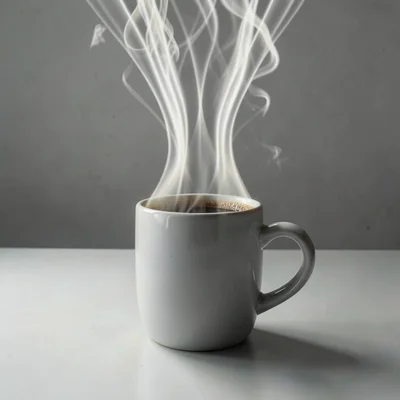 Hot coffee mug on a plain surface, convection currents radiating upward in wavy 