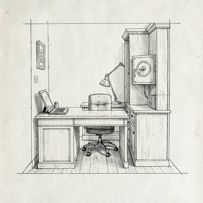 Architectural plan view of a small treasurer's office with desk and safe, slate 