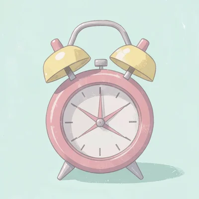 Ringing dusty-pink lowpoly alarm clock with twin yellow bells on top and triangu