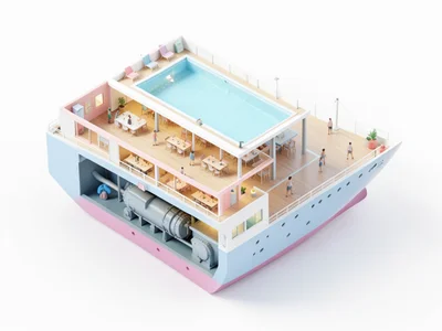 A cross-section of a cruise ship: pool deck on top, restaurant mid-level, engine