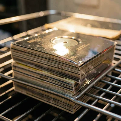 Macro of a cooling rack with stacked LPs still warm, edge gloss reflecting overh