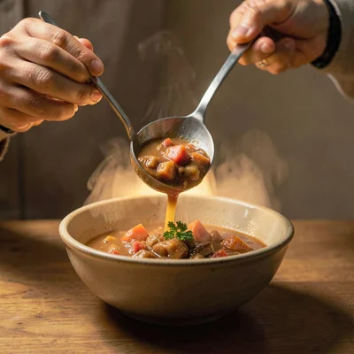 Vertical story shot of a hand ladling stew into a deep ceramic bowl, soft lightb