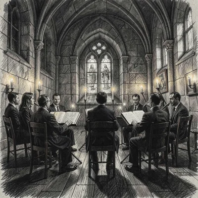 Charcoal mood of a candlelit chamber concert in a stone hall, deep warm shadow