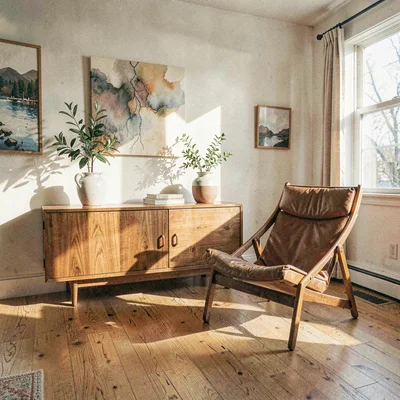 Wide interior of a sun-drenched mid-century living room with a low walnut creden