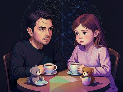 Dad and daughter at tea party with stuffed animals, tiny cups, serious face