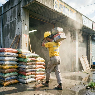 High-energy street photograph, Stacked bags of concrete outside construction sup