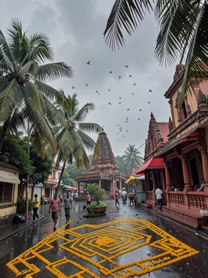 Coconut palms and temple in monsoon