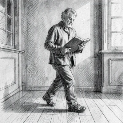 Charcoal narrative of a poet pacing a wooden floor with a notebook in hand