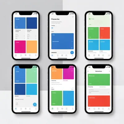 Press kit grid of six phone tiles arranged in a clean 3x2, each tile a different