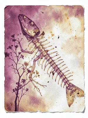 Sardine skeleton anatomical study, tiny bones detailed, lumen print decay aesthe