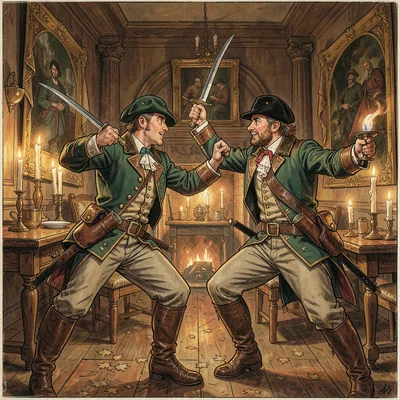 Musketeers dueling in candlelit room