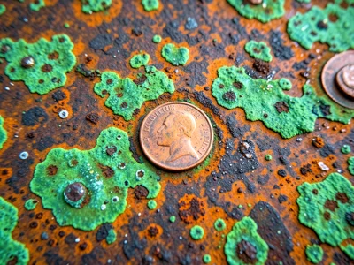 Copper sheet developing verdigris green patina in splotchy islands, bright penny