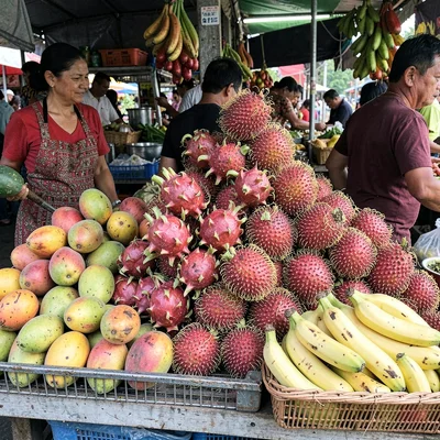Fruit vendor display with mangoes, dragonfruit, rambutans, and bananas piled in 