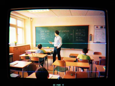Paused VHS frame of classroom scene, teacher at chalkboard, tracking lines