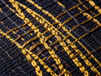 Close-up of graduation honor stole weave, gold threads on dark fabric