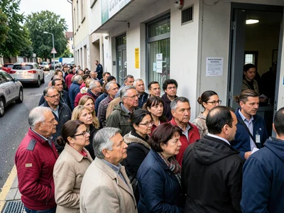 Crowd outside a polling station, queue extending around the corner, a mix of age