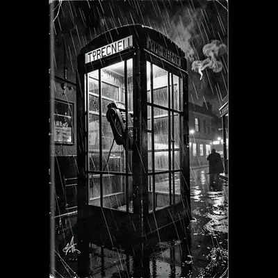 A phone booth in the rain
