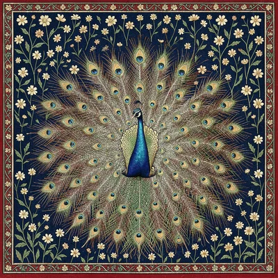 Peacock Displaying Tail on Blue Millefleur