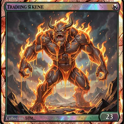 Trading card game illustration, a titan of living flame, magma dripping from its