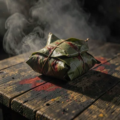 Dense atmospheric mist, rich earthy textures, A bundle of betel nuts wrapped in 