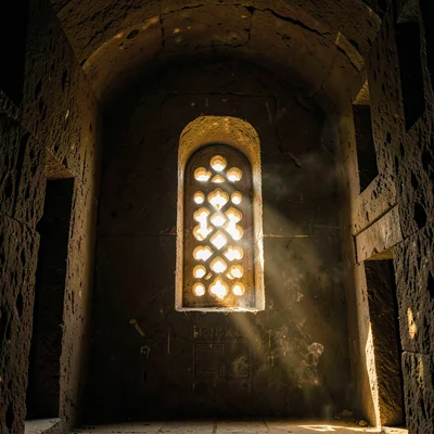 Dramatic light through darkness in Addis Ababa, Ethiopia, Interior of rock-hewn 