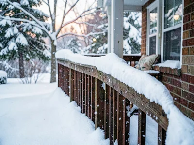 First accumulation on porch railing, measurable now, the commitment of real snow