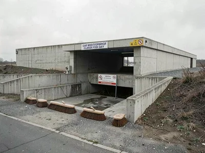 Car wash facility closed for the day — curved brushes at rest, concrete channels