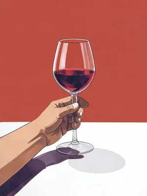 Hand holding a glass of wine, tablecloth in flat white, background warm red