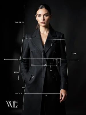 Coat photograph with tailoring pattern overlay, seam lines and measurement annot