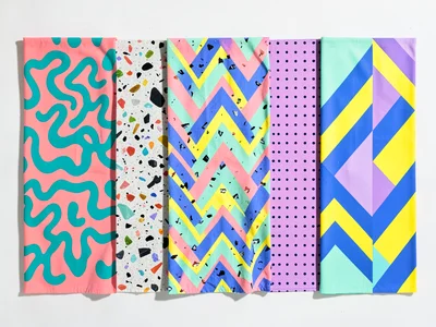 Five Memphis Textile Pattern Flat Lay