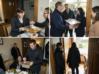 Leaving dinner party with leftovers container, the hostess gift in reverse, foil