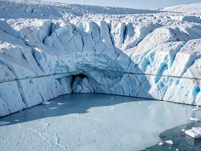 Ancient ice at glacier base showing compression