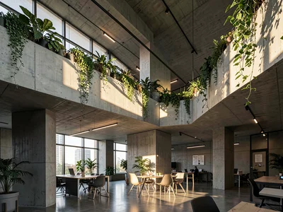 Brutalist concrete coworking space interior with double-height ceilings, plants 