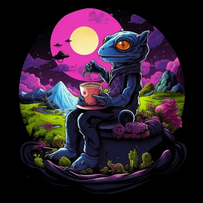 Black t-shirt print detail. Scene exaggerated Evil Ke