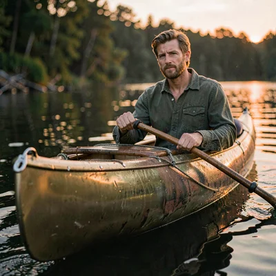 Warm hero of a brass kayak fitting on aged leather, slow dusk light catching the