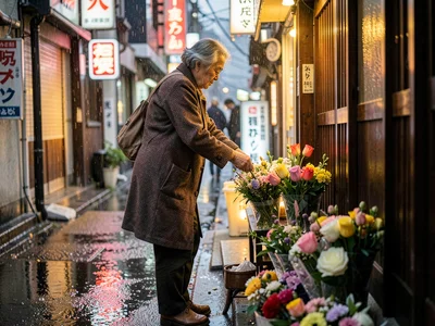 Elderly woman arranging flowers outside her narrow shop front, morning light on 