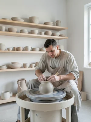 Ceramicist shaping pottery wheel in home studio, shelves of finished pieces behi