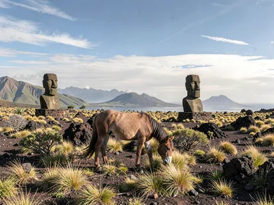 Edge-of-world isolation on Rapa Nui, A lone wild horse grazing in the volcanic g