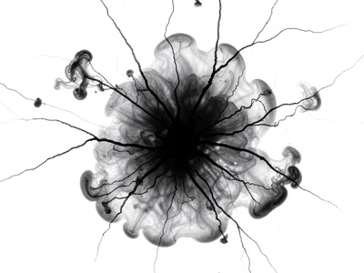Sumi black ink in late diffusion stage, vast soft cloud with ghostly wisps at ed
