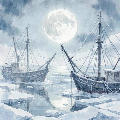 Frost-rimmed harbor under a swollen low moon, ghostly fishing boats locked in pa