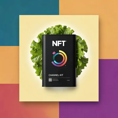 Centered catalog hero of a NFT channel kit on a butter-yellow block backdrop, so