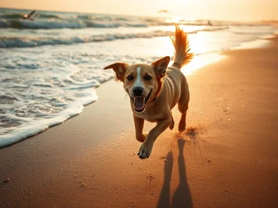 Candid photography, a joyful dog running full speed along the shoreline of a sunny beach, paws kicking up sand, wet fur 