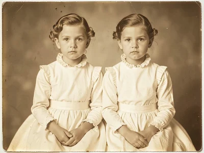 Two Victorian children in matching white pinafores, seated side by side
