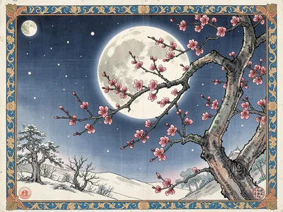 Plum blossom branches against a full moon, winter night