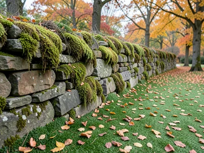 Moss-covered stone wall in autumn setting, fallen leaves on green carpet