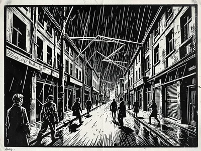 City street in heavy rain, figures as slashed angular shadows under a dark sky