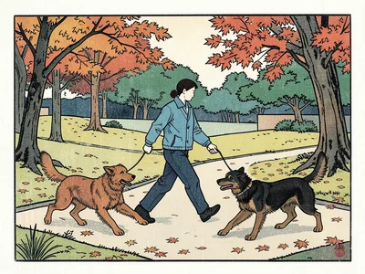 A person walking dogs in a park, three dogs of different breeds pulling in diffe