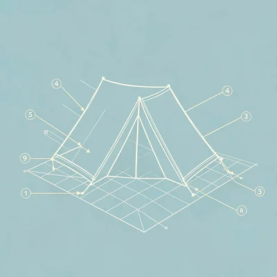 Architectural blueprint of a research-station tent pitched over a grid plot, sli